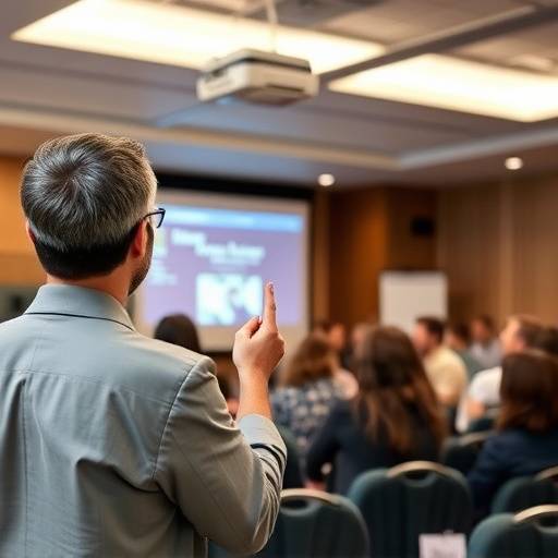 Personne donnant une présentation devant un public avec un projecteur affichant des diapositives