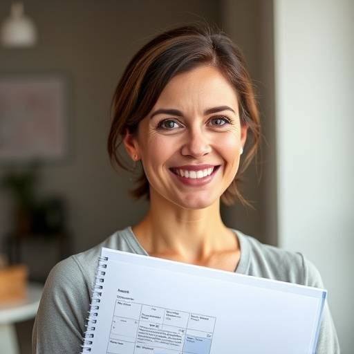 Portrait d'Amélie Blanc, chef de projet, souriant et tenant un agenda