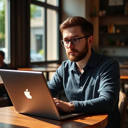 Portrait de Luc Moreau, développeur front-end, travaillant sur son ordinateur portable dans un café