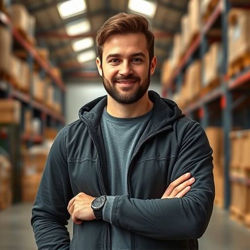 Portrait de Nicolas Gauthier, entrepreneur dans le e-commerce, posant dans son entrepôt