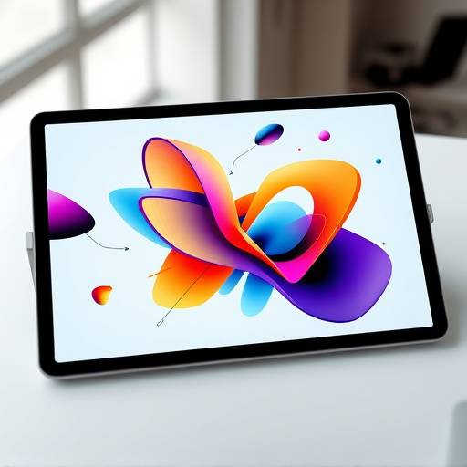 Tablette affichant un design graphique complexe avec des couleurs vives et des formes abstraites
