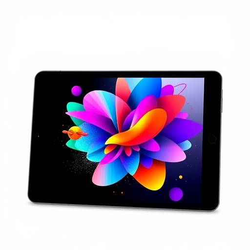 Tablette affichant un design graphique complexe avec des couleurs vives et des formes abstraites